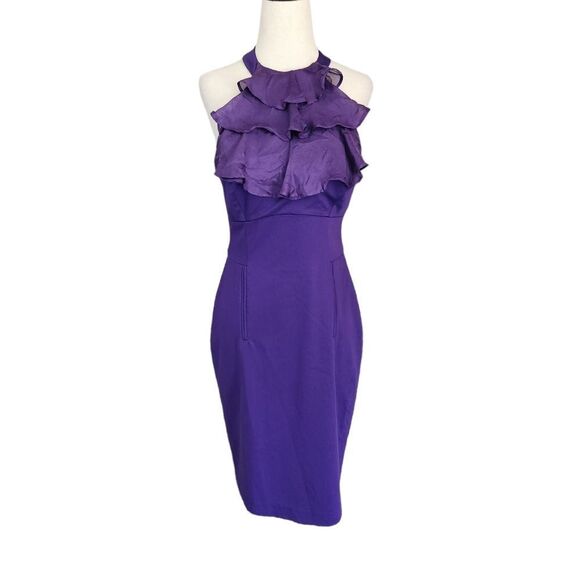 Black halo Purple Ruffle Halter Pencil Dress 6 - Picture 1 of 9